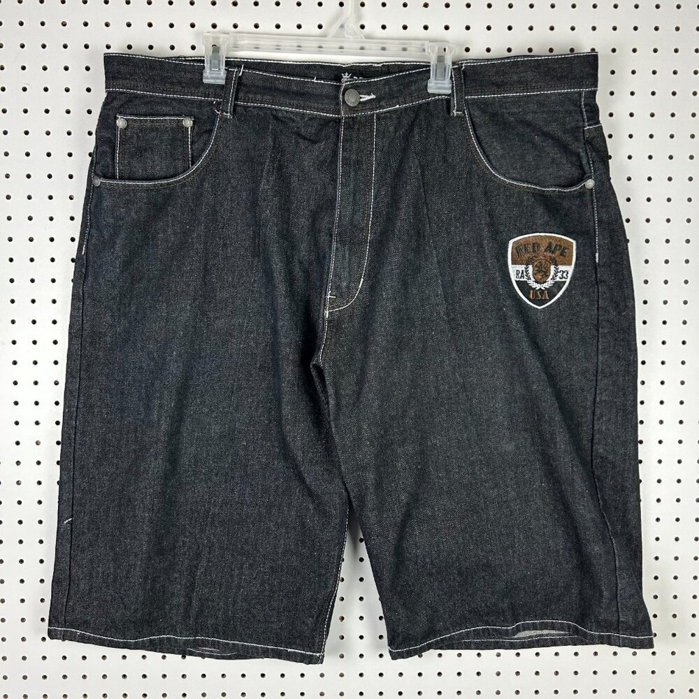 Red Ape Black Gothic Baggy Jean Shorts Sz 46 Jorts Wide Leg Skate Y2K Logo Patch
